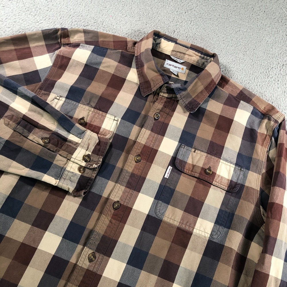 Carhartt Hubbard Shirt Mens Extra Large Brown Plaid Distressed Heavy‎ cotton